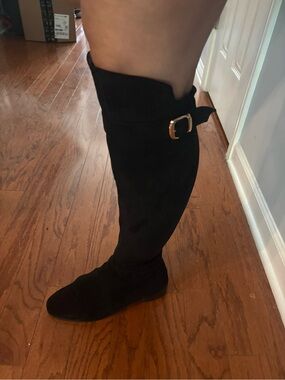 Black Over-the-Knee Suede Boots Gold Buckle Size 39 (8-8.5)